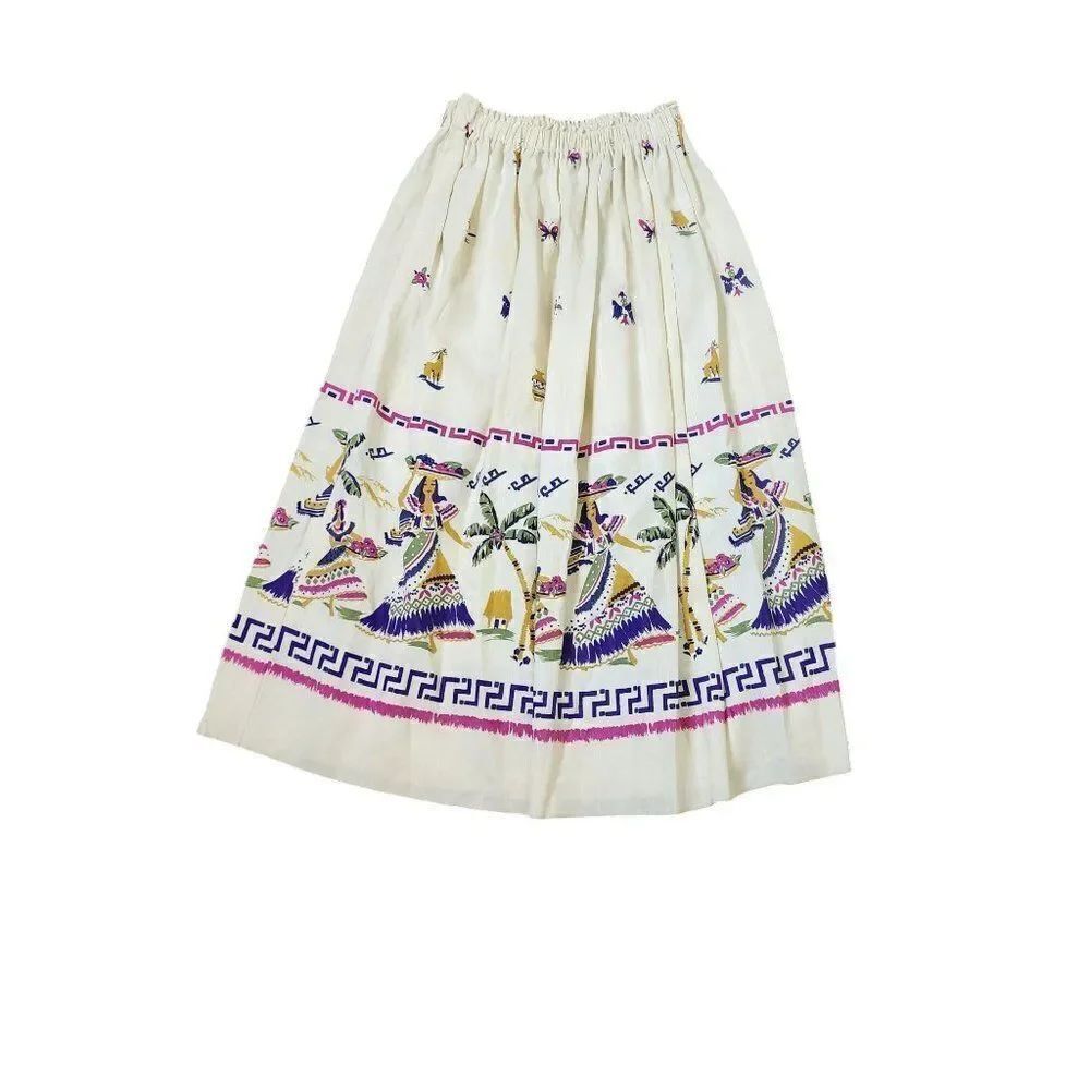 Vintage 80s Aline Tiki Hawaiian Midi Skirt Womens Size XS Ivory Purple